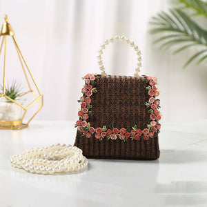 Lace Style Straw Bag With Pearl Portable Diagonal Cross Cute