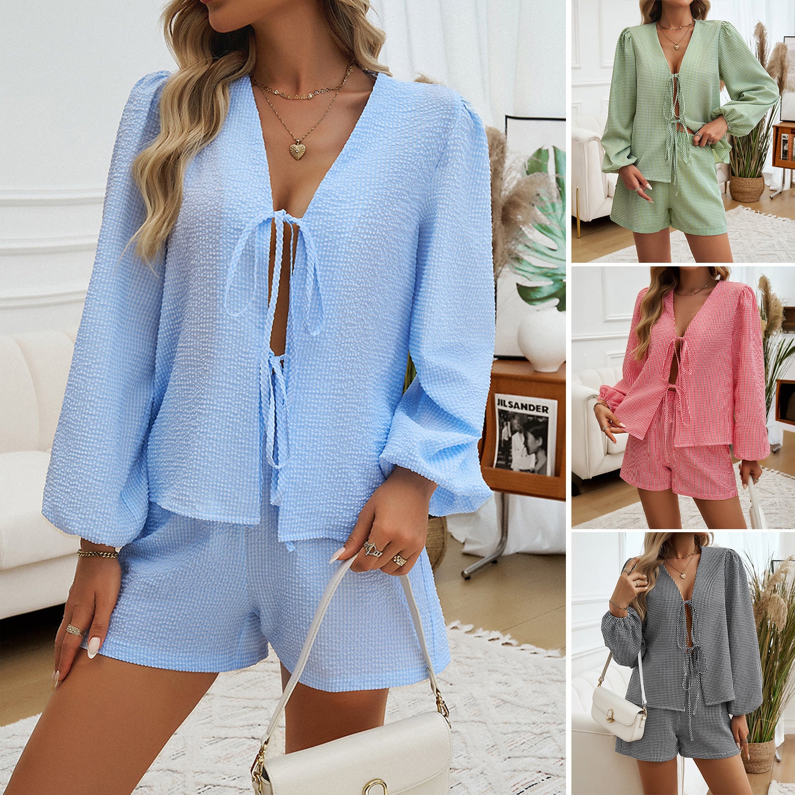 Lady Temperament Casual Cardigan Lace-up Long Sleeve Shorts Suit-Aria Doejay