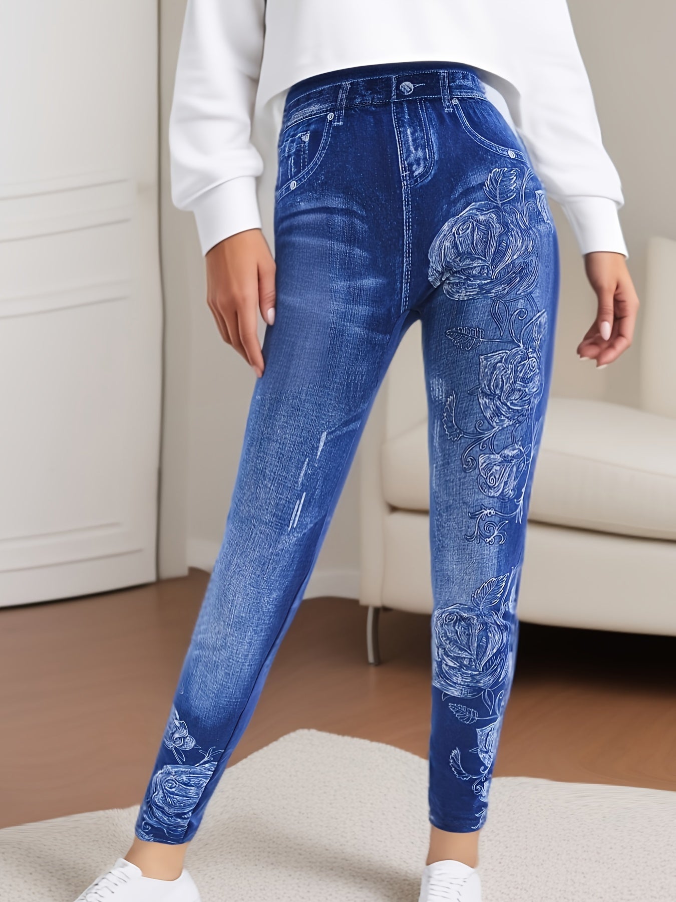 Faux Denim Floral Print Leggings, Casual Lifting High Waist Every Day Stretchy Leggings, Women's Clothing