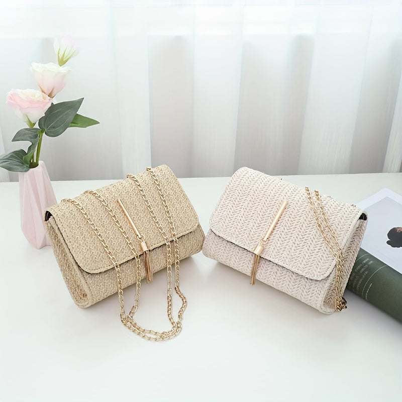 1pc Mini Pearl Decor Crossbody Flap Straw Bag (7.5*2.8*5.5) Inch