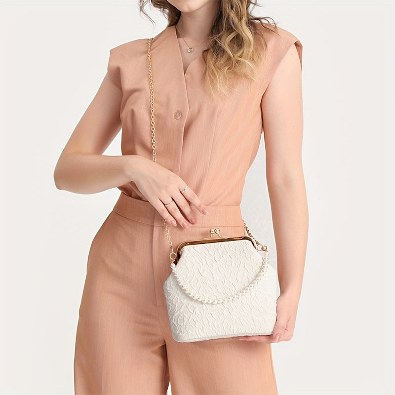 Elegant Style Solid Color Crossbody Bag with Chain Strap, PVC Material and Polyester Lining, Occasion-Themed Pearl Handle Satchel with Buckle Closure (2024 New Collection)