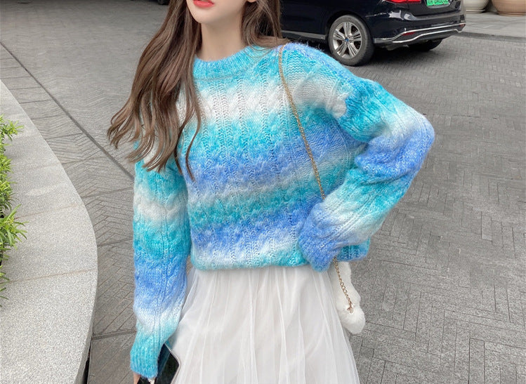 New Arrival Women's Pullover Long-sleeved Round Neck Gradient Rainbow Slim-fit Sweater-Aria Doejay