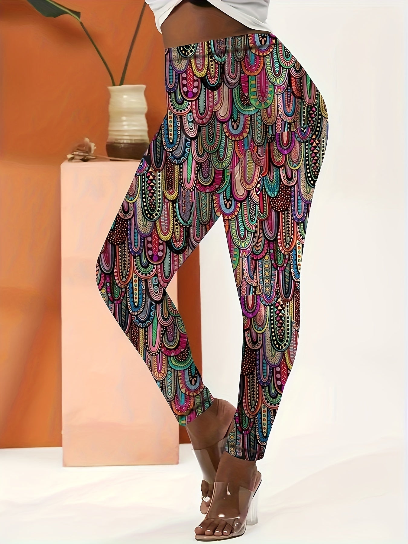 Plus Size High-Waist Stretchy Leggings with Paisley Print - Slimming & Sexy, Machine Washable, All-Season Casual Wear for Women