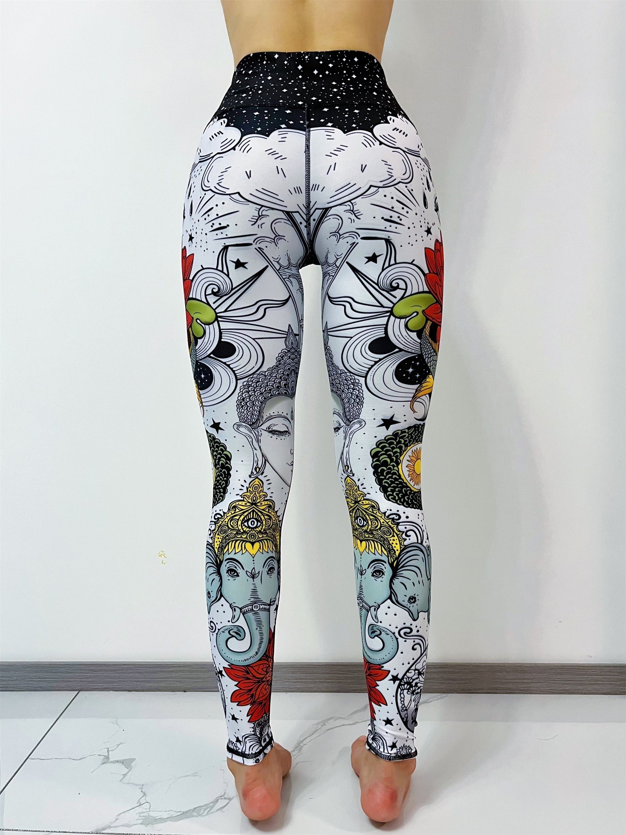 Black and white Chinese style printed women's yoga pants