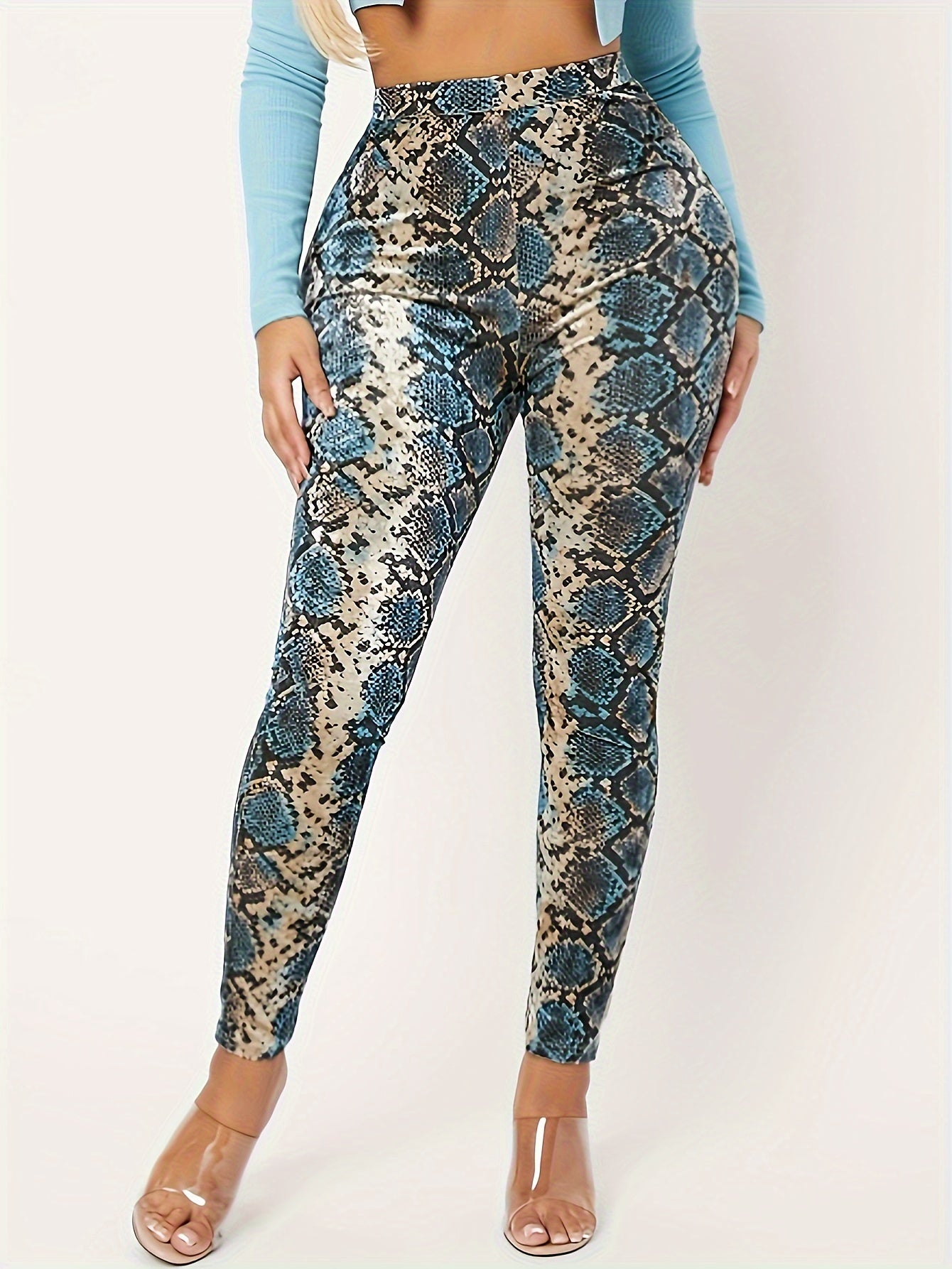 Elegant Polyester Snake Print Leggings - High Waist, Mid-Stretch, Knit Fabric, All-Season Comfort