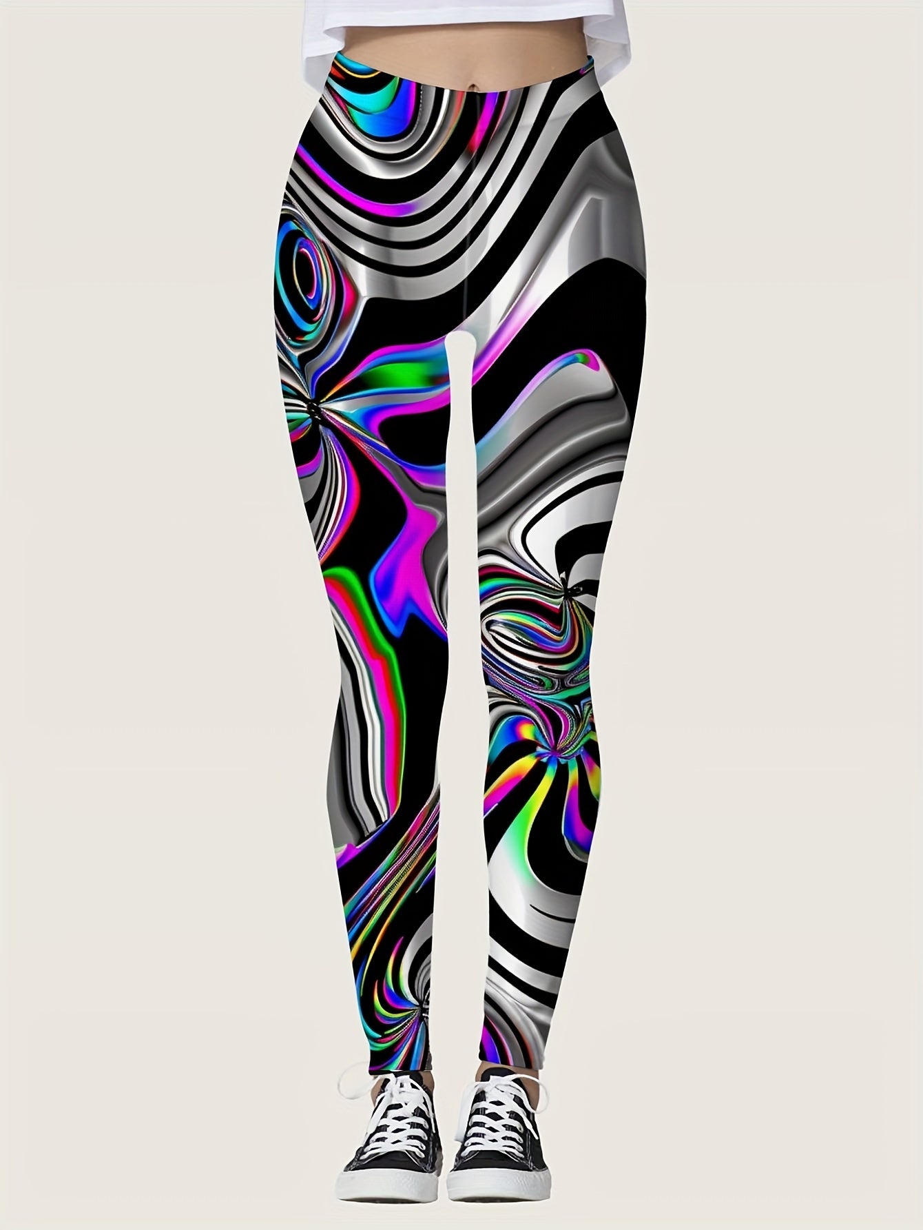 Stretchy High Waist Allover Print T Leggings - Women's Comfortable Everyday Leggings with Casual Style - Soft, Breathable, and Moisture-Wicking Fabric for All Day Wear