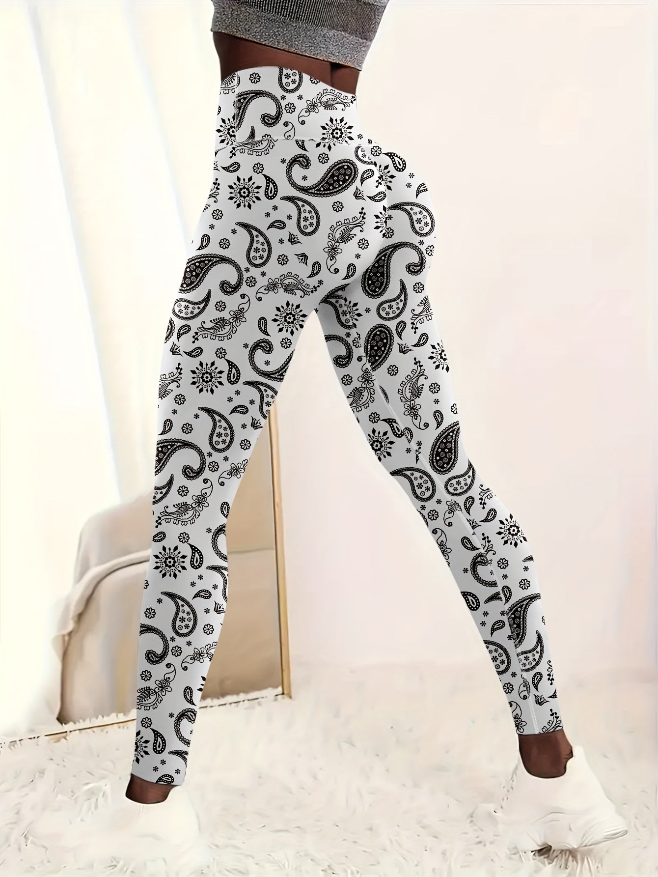 Women's Yoga Leggings With Waist Cashew Flower Pattern, Women's Casual Sports Running Yoga Leggings Fitness Pants For Going Out