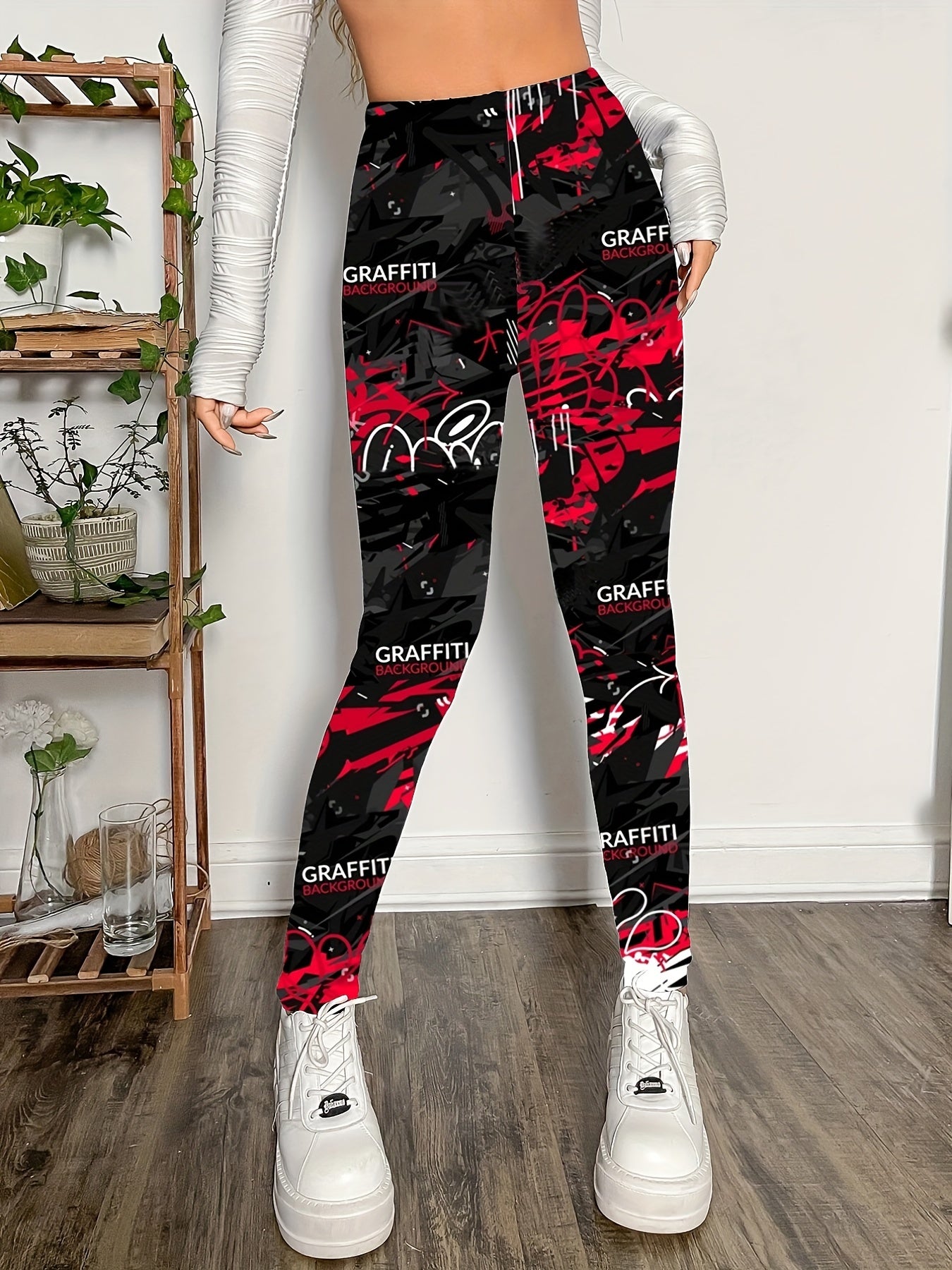 Casual Skinny Leggings, Graffiti Print Every Day Stretchy Women's Clothing