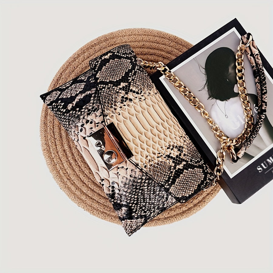 Chic Snakeskin Pattern Chain Crossbody Bag for Women - Sustainable Faux Leather, Luxury Square Shoulder Purse with Kiss Lock Closure