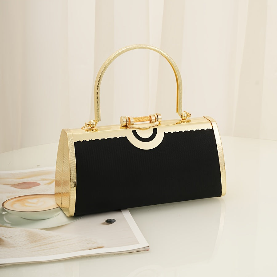 Elegant Black Clutch Evening Bag, Women's Dress Handbag With Golden Accents, PU Material Purse, Formal Dinner & Banquet Bag