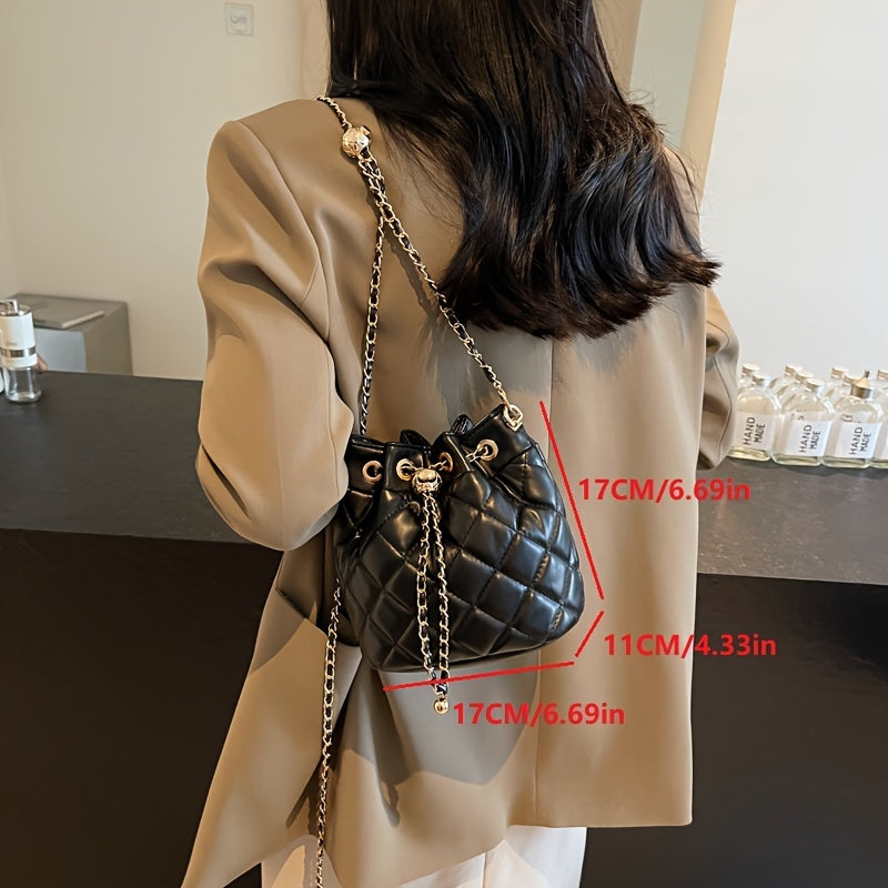 Chic Black Quilted Bucket Bag with Chain Strap - Luxury Mini Crossbody for Women, Faux Leather