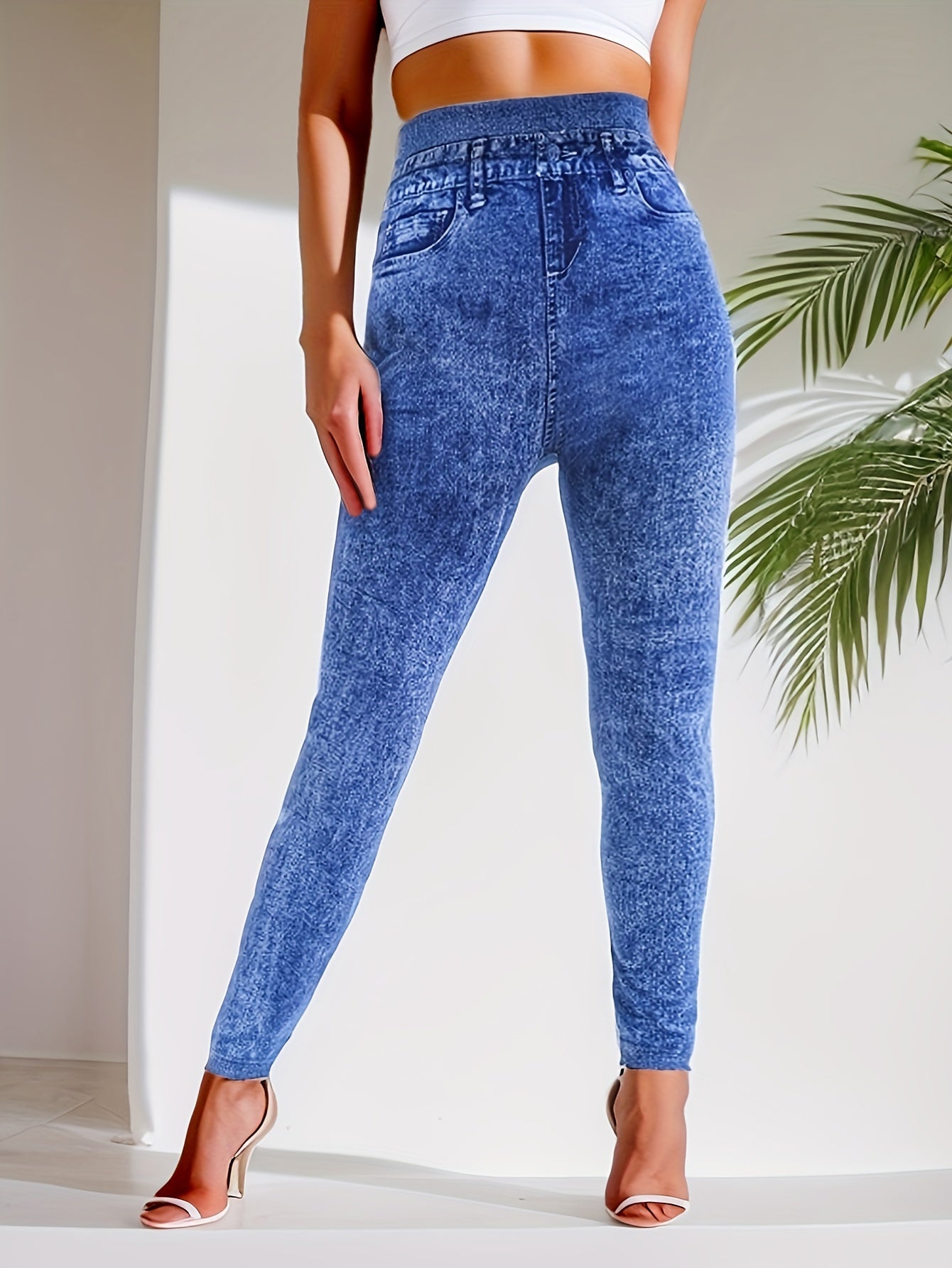 High Waist Imitation Jeans Lifting Leggings, Casual Sporty Skinny Yoga Leggings for Women