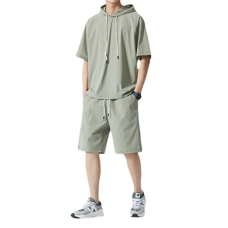 Men's Ice Silk Hooded High Street Short Sleeve T-shirt Shorts Set-Aria Doejay