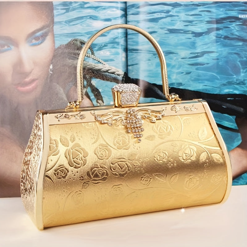 Gorgeous Golden-Tone Faux Leather Evening Clutch Bag with Rhinestones Accents, Elegant Floral Embossed Luxury Purse for Wedding, Banquet, and Music Festival