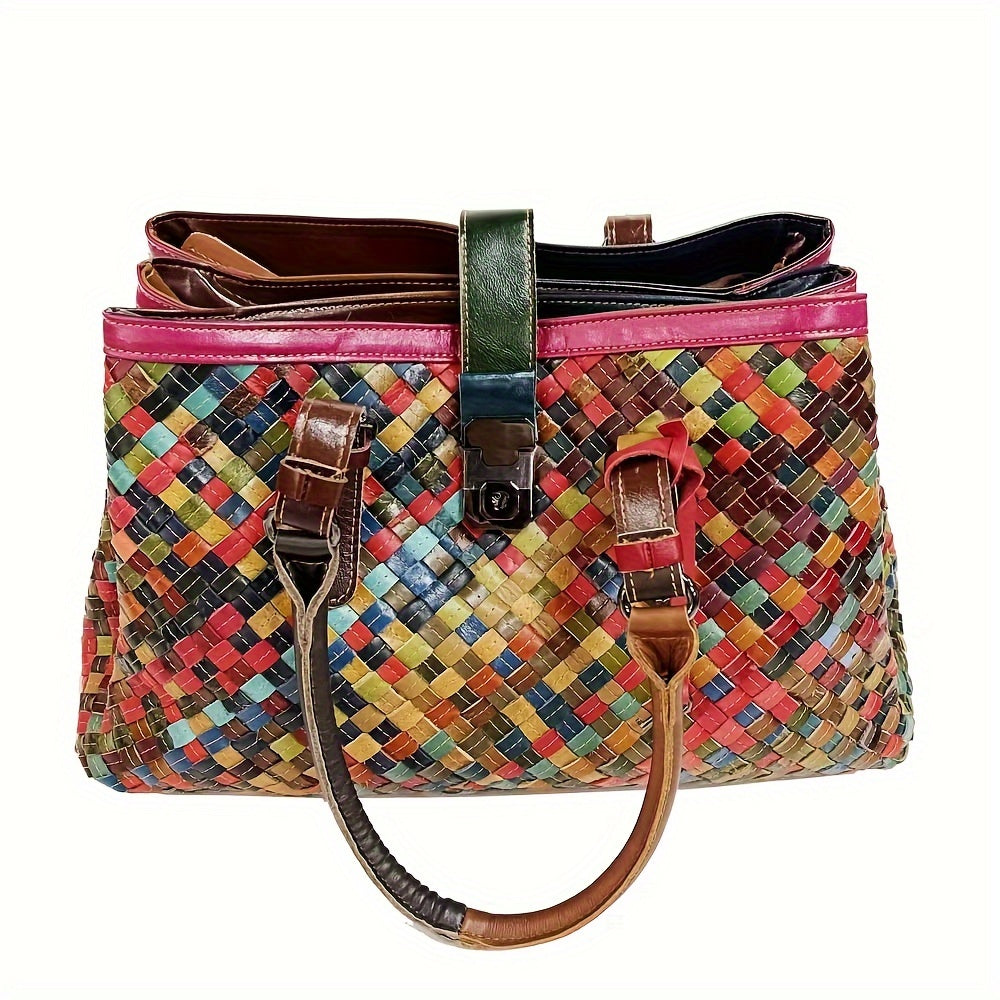 Cross-border Ladies Woven Bag, Genuine Leather Women's Bag, Cowhide Colorful Retro Casual Ethnic Style Women's One-shoulder Hand-worn Crossbody Bag