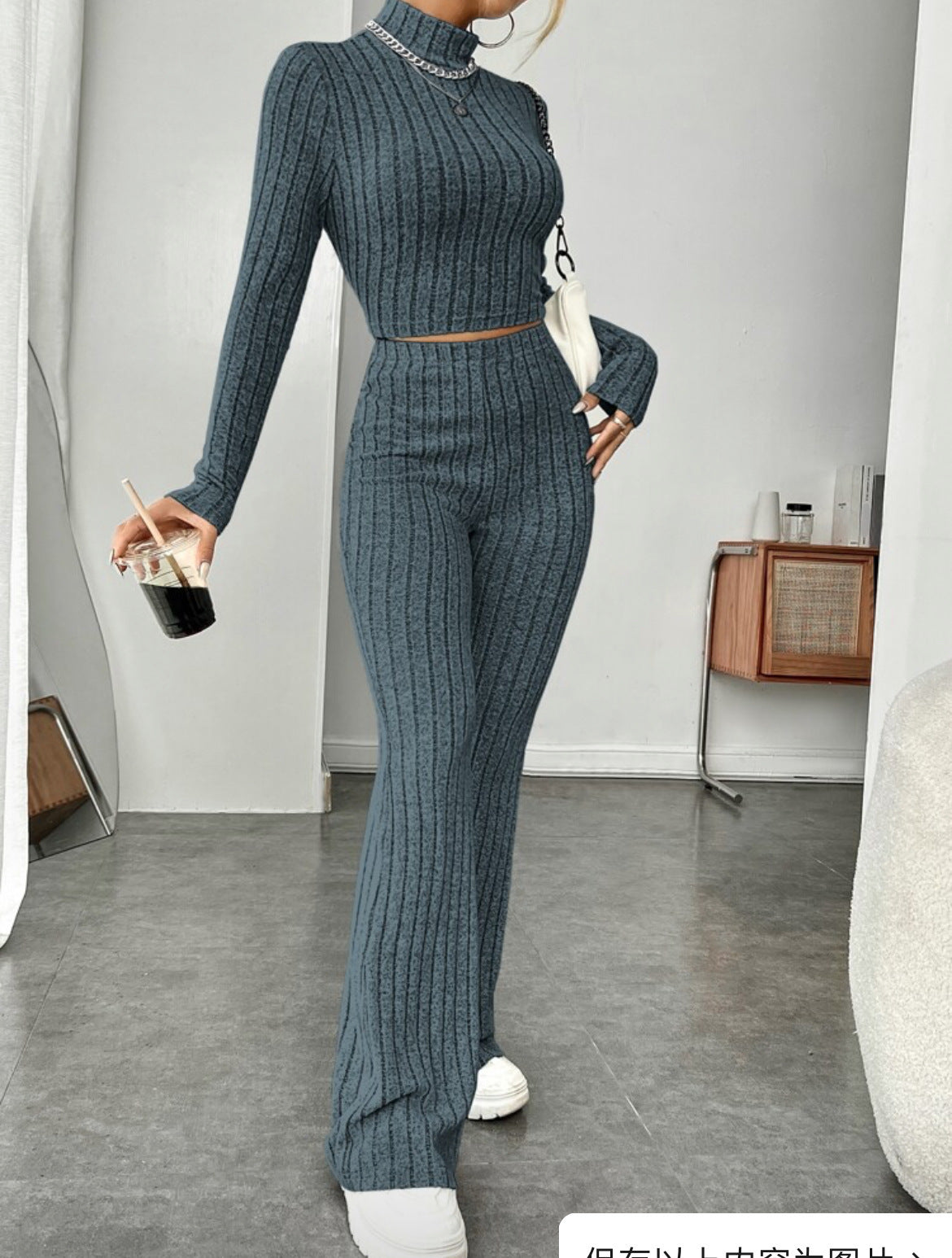 Long Sleeve Turtlenecks Wide Leg High Waist Trousers Suit-Aria Doejay