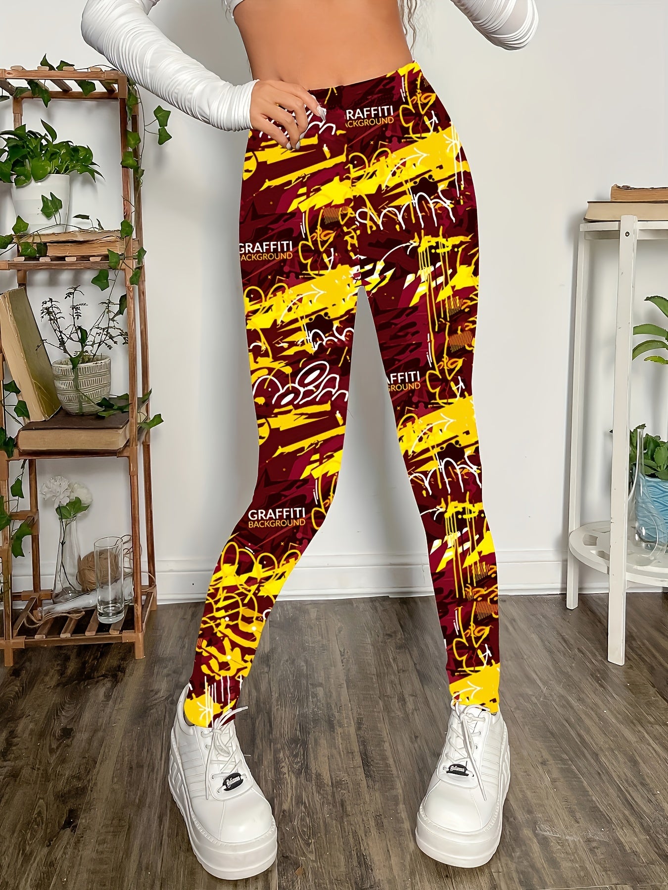 Casual Skinny Leggings, Graffiti Print Every Day Stretchy Women's Clothing