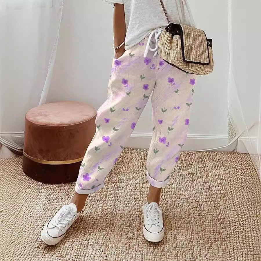 Spring New Women's Casual Printed Elastic Waist With Pockets Cropped Straight Pants-Aria Doejay