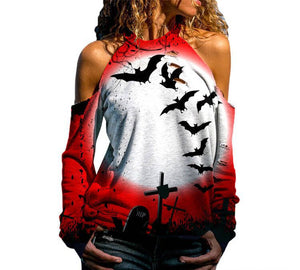 Halloween Off Shoulder Printed Top Womens Casual Loose Stitching Long Sleeved T-Shirt