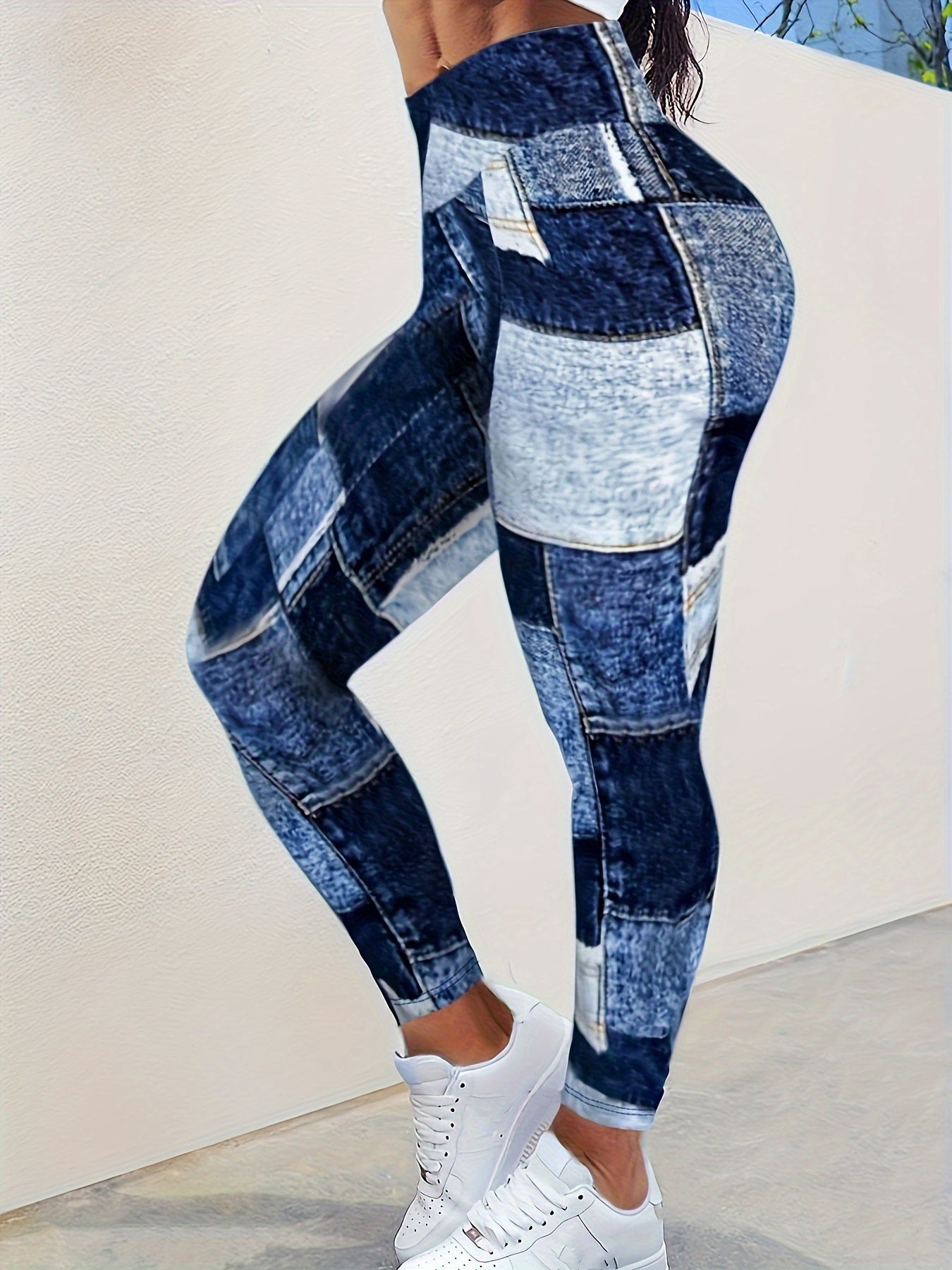 Plus Size Denim Print Leggings - Flattering Tummy Control, High Waist, Mid-Weight Stretch for Casual Chic Style