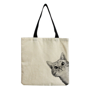 Cat Printed Cotton And Linen Shopping Bag