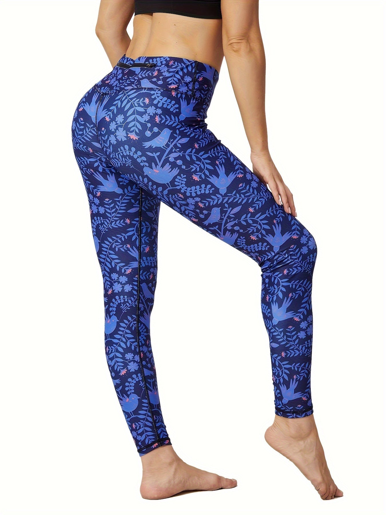 High-Waisted Tummy Control Birds And Leaf Graphic Leggings With Rear Zip Pocket, Women's Fashion Style Yoga Pants, Butt Lifting Fitness Pants