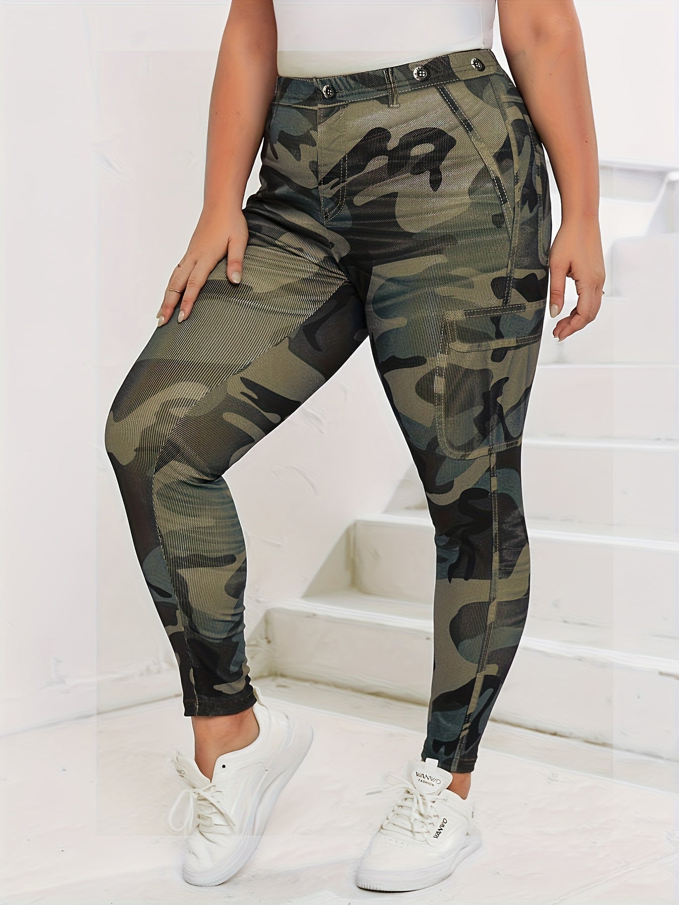 Stretchy Plus Size Camo Print Skinny Leggings - High Waist, Comfortable, Soft, and Breathable Leggings for Spring & Summer - Women's Plus Size Clothing for Curvy Figures