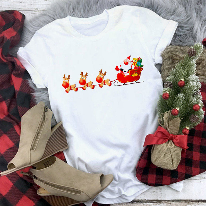 Christmas Lady Short-sleeved T-shirt Cartoon Santa Claus Print Street Casual T-shirt-Aria Doejay