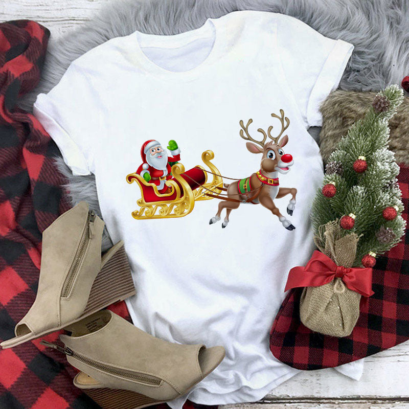 Christmas Lady Short-sleeved T-shirt Cartoon Santa Claus Print Street Casual T-shirt-Aria Doejay