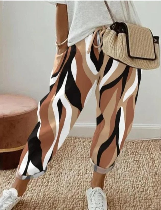 Spring New Women's Casual Printed Elastic Waist With Pockets Cropped Straight Pants-Aria Doejay