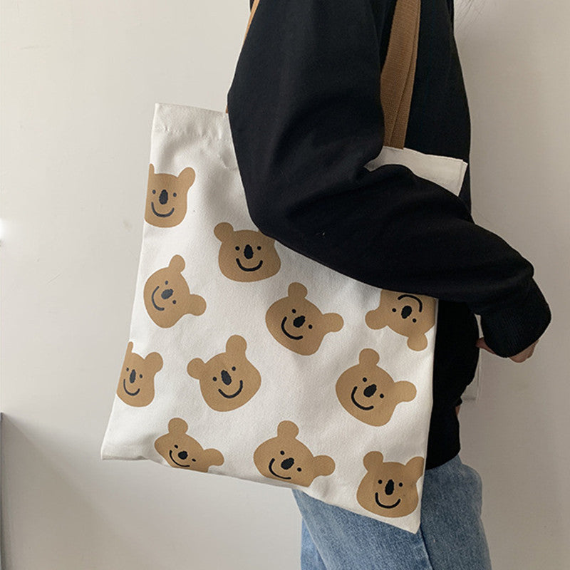 New Canvas Shoulder Shopper Bag for Women Girl Cartoon Bear White Female Handbags Cloth Shopping Bags Ladies Tote Beach Bag-Aria Doejay