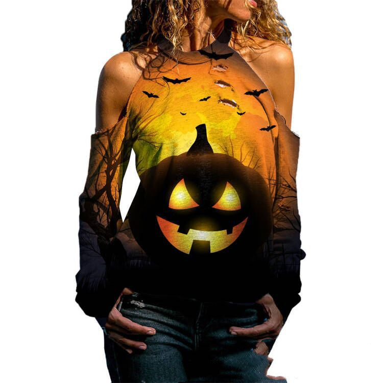 Halloween Off Shoulder Printed Top Womens Casual Loose Stitching Long Sleeved T-Shirt