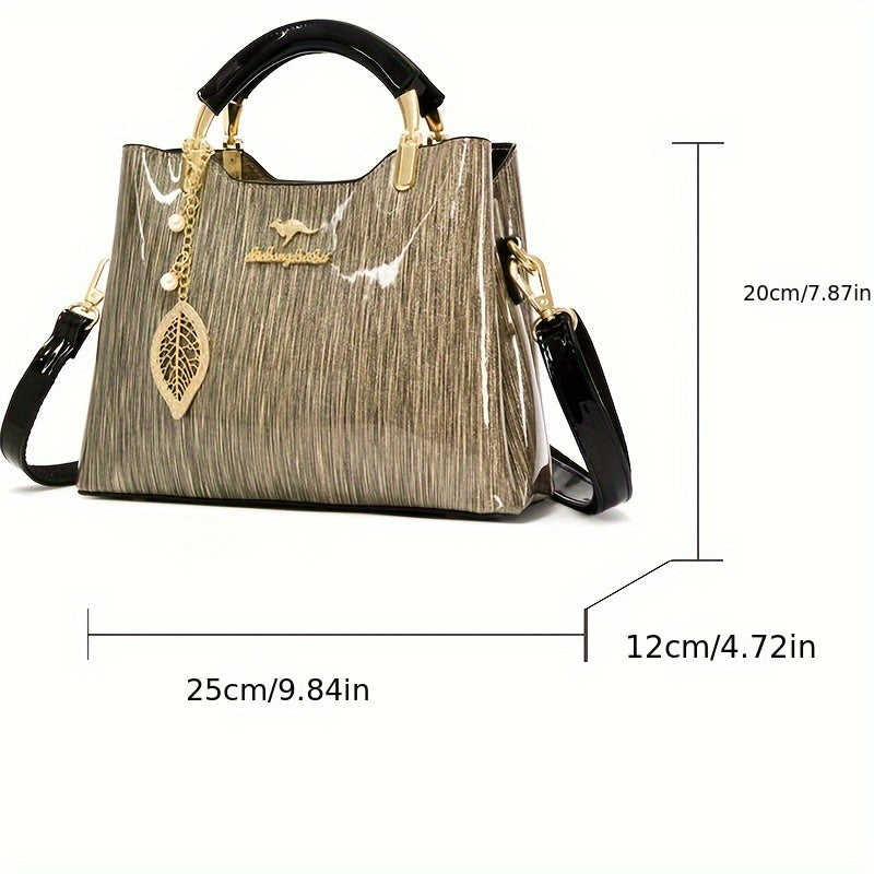 Luxury Patent Leather Women's Top-Handle Bag Fashionable Vintage Casual Shoulder Crossbody Handbag with Zipper Closure and Polyester Lining