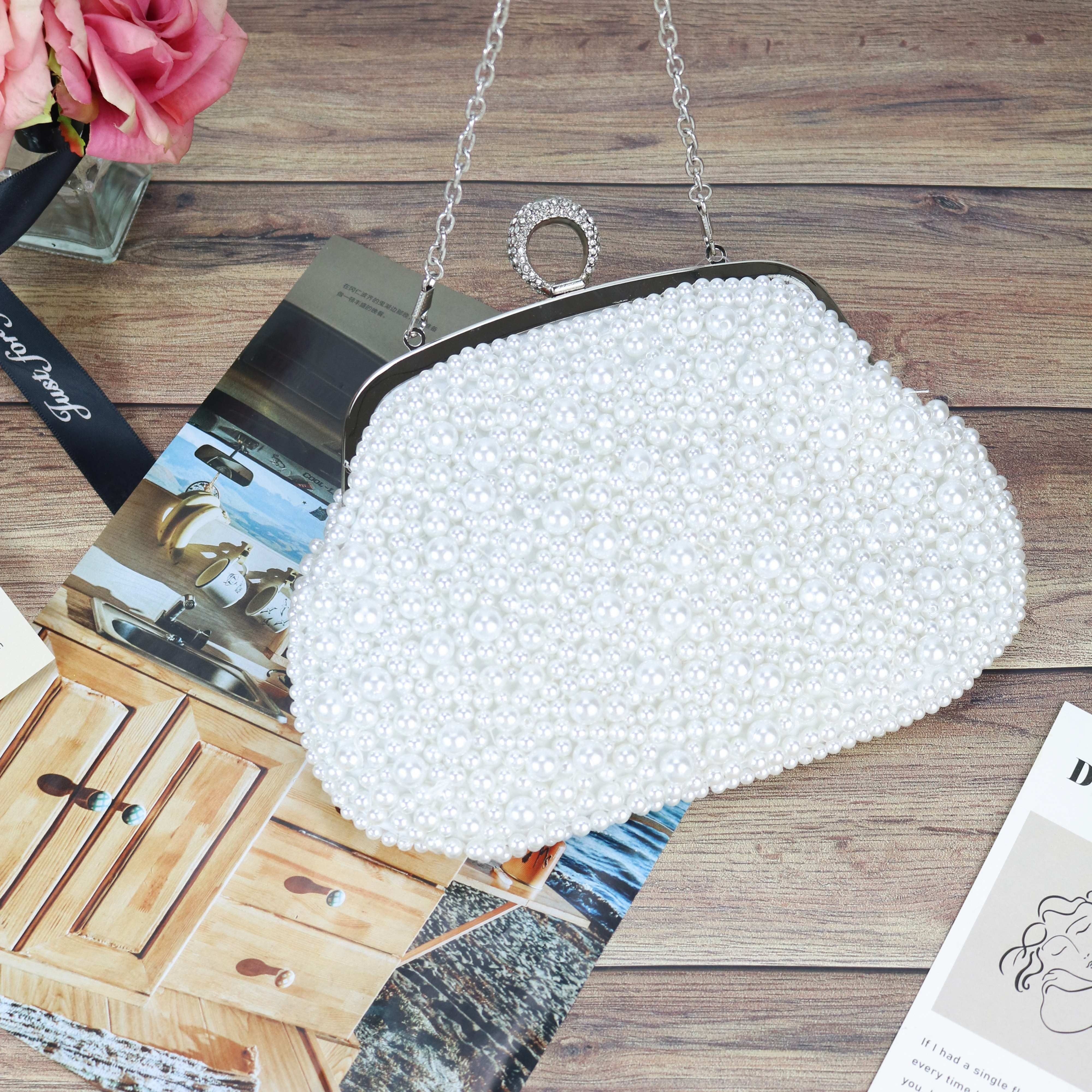 Elegant White Pearl Evening Clutch for Women, Polyester Solid Color Beaded Banquet Handbag with Buckle Closure and Removable Strap - Guangzhou Exclusive