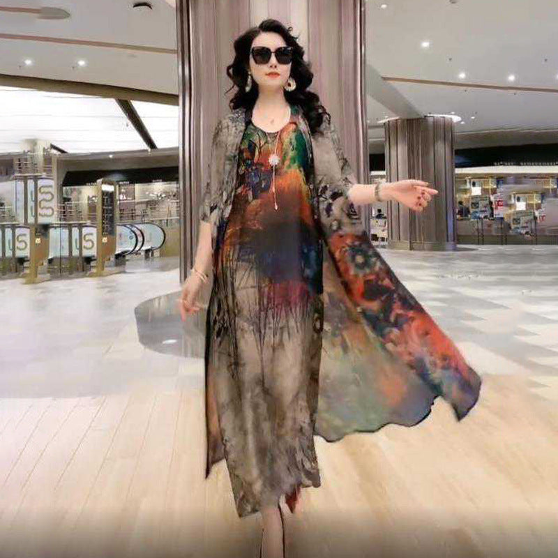 Cross-border New Arrival Artificial Silk Blended Dress Two-piece Loose Suit Printed Skirt-Aria Doejay