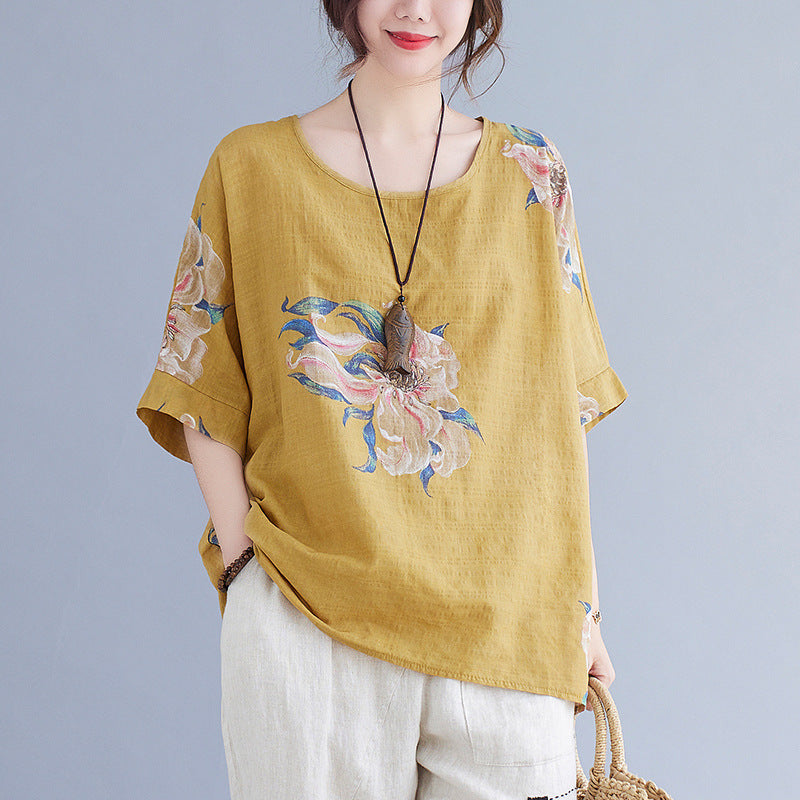 Korean Cotton Hemp Fat Mm Half Sleeve Top Summer-Aria Doejay