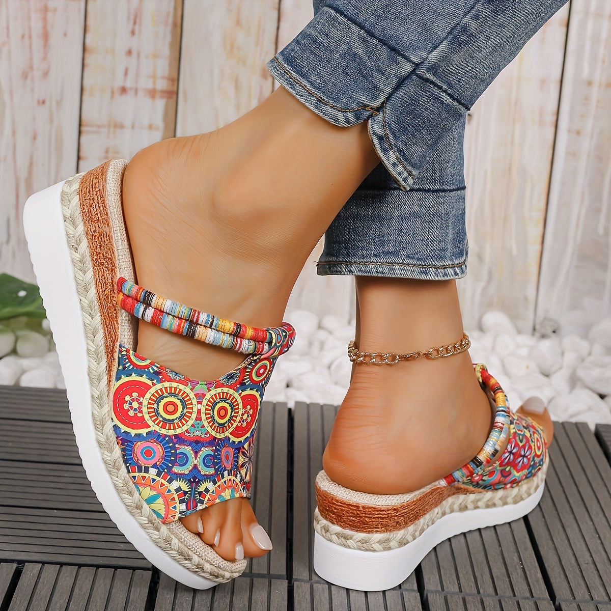 Vibrant Colorful Mandala Wedge Sandals - Slides with Comfortable Platform, Slip-On Design, Stylish Vacation Shoes for Beach, Pool, and Summer Fun - Perfect for Women's Comfortable Walking and Relaxation