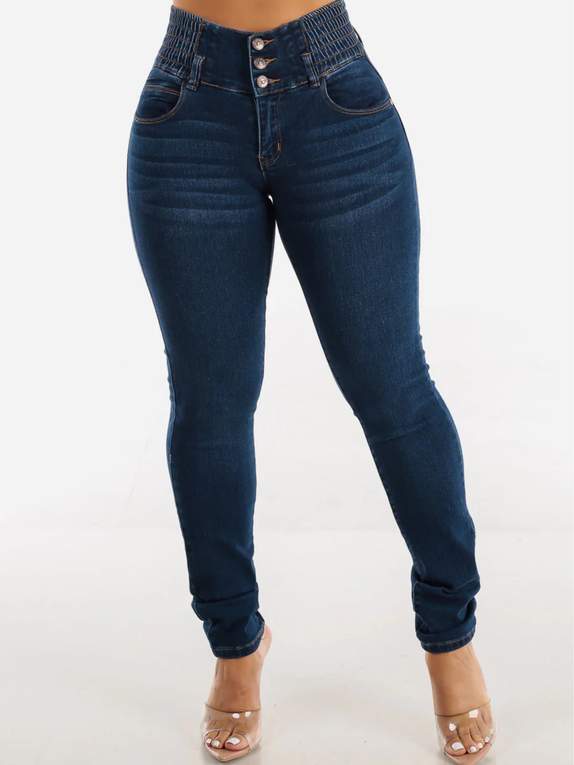 YIWEIDI High Waist Skinny Jeans for Women - Stretch Denim with Shirred Waistband, Triple Button Closure, and Hip Enhancing Design - Solid Color All-Season Street Style Pants