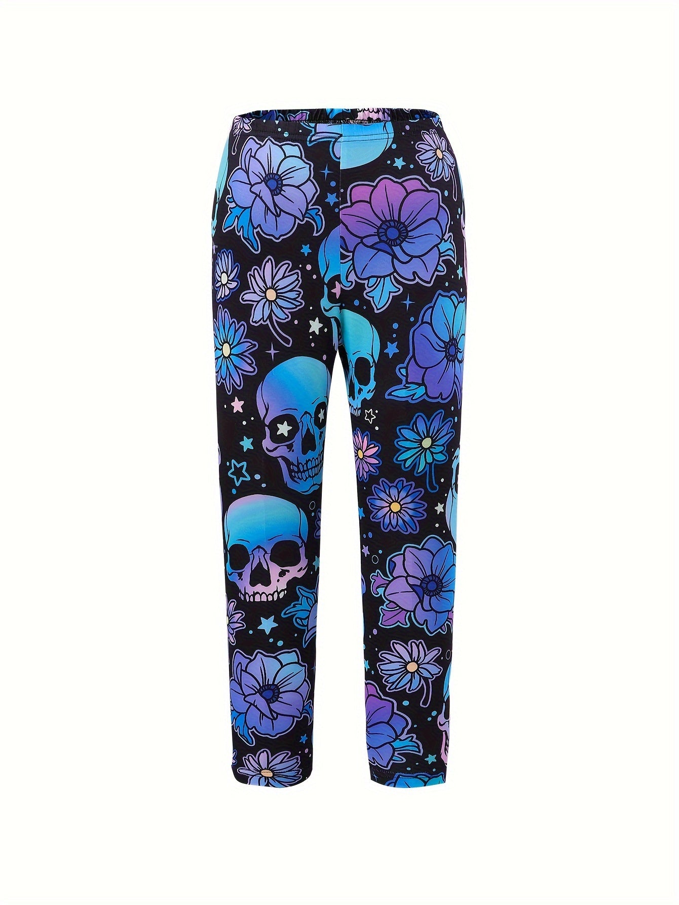 Halloween Glow-in-the-Dark Pumpkin and Skull Floral Print Leggings for Ages 12 and Under - Casual Polyester Spandex Blend with Slight Stretch, Knit Fabric, Regular Fit - 2-Pack