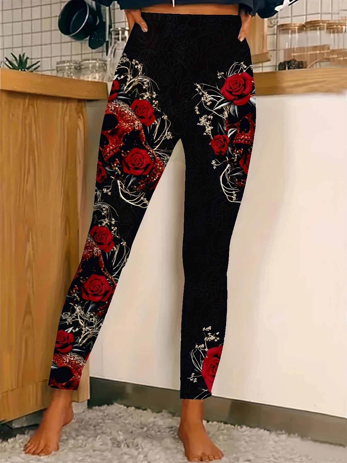 Plus Size Floral Skull Print Skinny Leggings, Casual Every Day High Waist Stretchy Leggings, Women's Plus Size Clothing Halloween