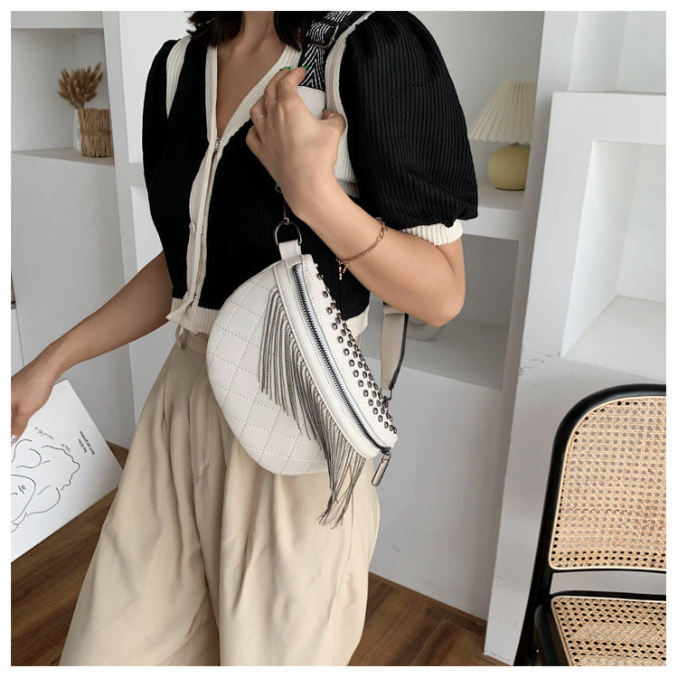 Fashion Solid Color Rivet Tassel Chest Bag