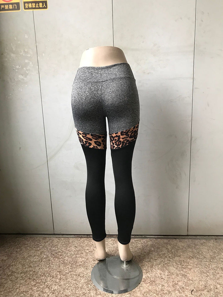 Grey And Black Plus Leopard Print Stitching Polyester Fiber Leggings