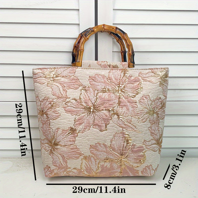 Large Capacity Plastic Bamboo Joint Canvas Bag, With Double-sided Embroidered Hot Golden Three-dimensional Handmade