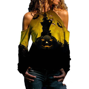 Halloween Off Shoulder Printed Top Womens Casual Loose Stitching Long Sleeved T-Shirt