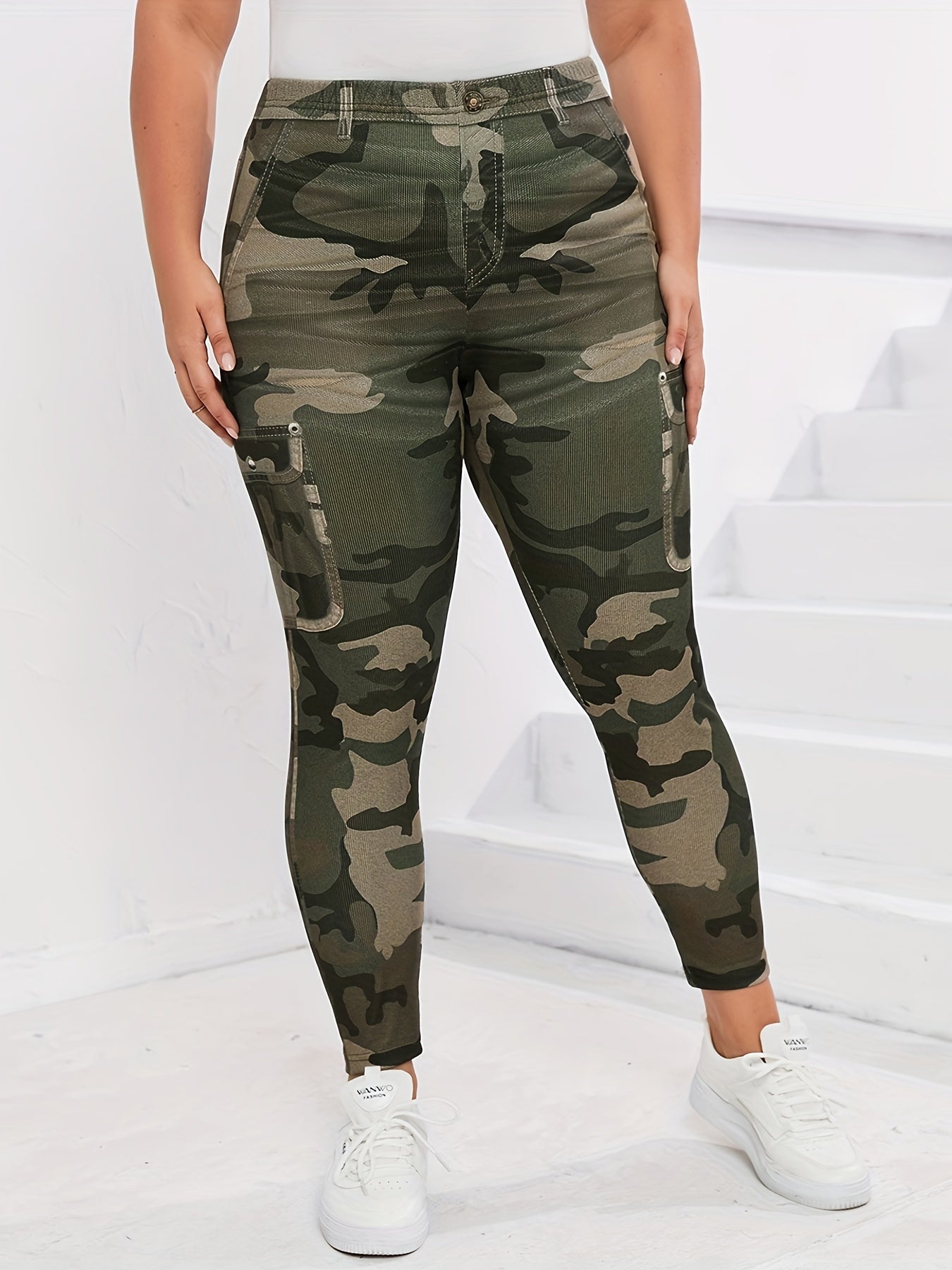 Stretchy Plus Size Camo Print Skinny Leggings - High Waist, Comfortable, Soft, and Breathable Leggings for Spring & Summer - Women's Plus Size Clothing for Curvy Figures