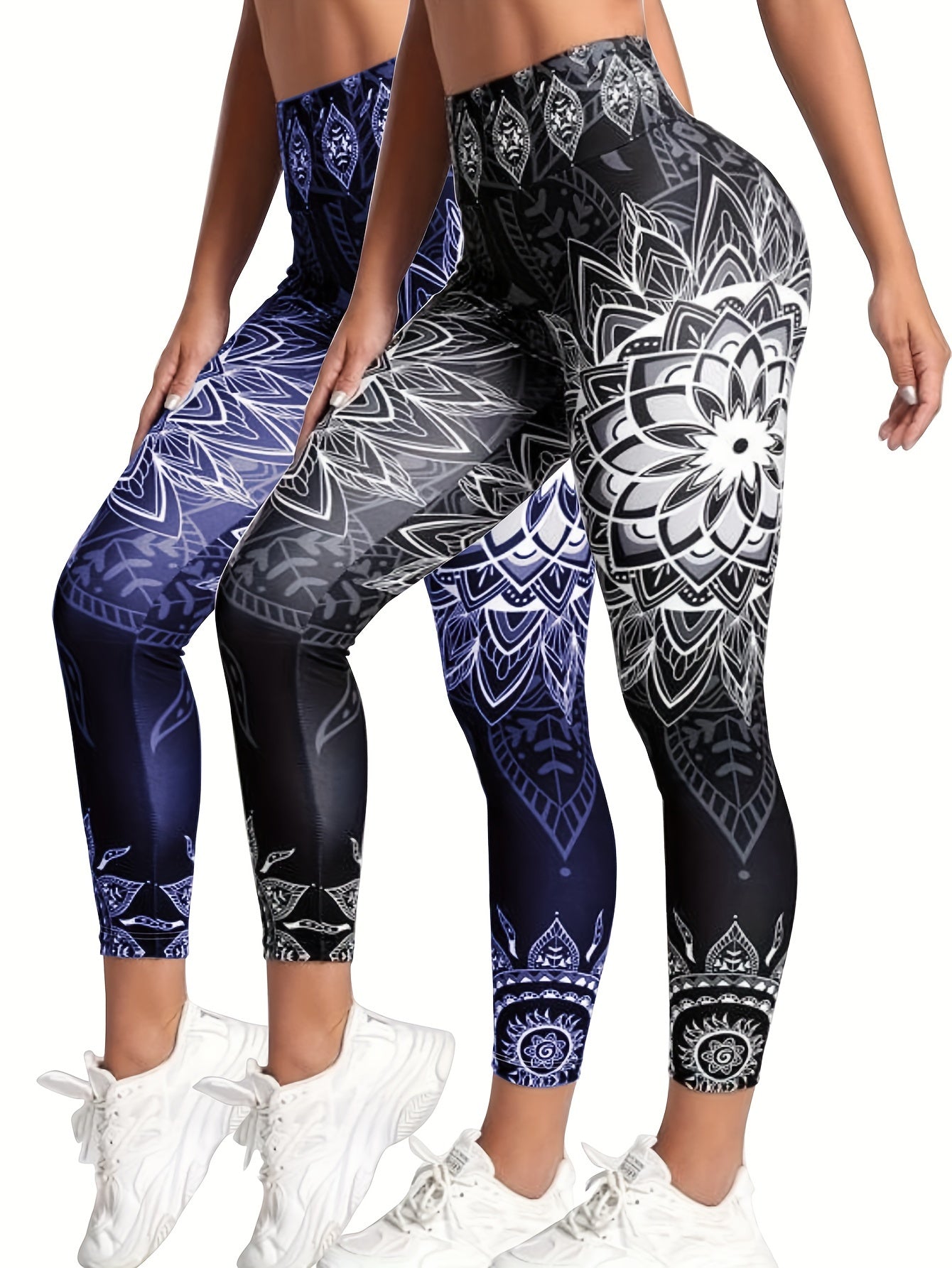 Ink Lotus Graphic Print Two-piece Set, Stylish Printed, Women's Tight-fitting Sports Fitness Leggings