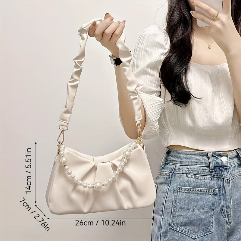 Elegant Faux Leather Shoulder Bag with Pearl Accents and Zipper Closure - Solid White Handbag with Fixed Strap and Polyester Lining