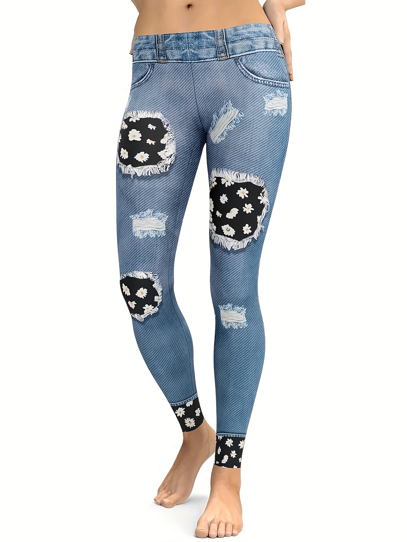 Spring/Summer/Autumn Women's Faux Denim-Look Leggings with Flower Print and Distressed Details