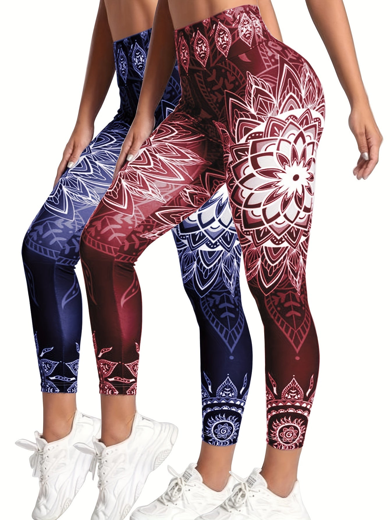 Ink Lotus Graphic Print Two-piece Set, Stylish Printed, Women's Tight-fitting Sports Fitness Leggings